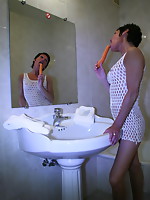 Perverted aged whore getting soaked with a carrot